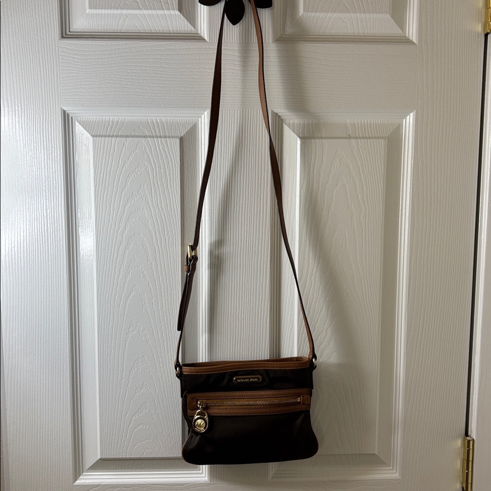 Michael Kors Two Tone Brown Crossbody Bag with Leather and Brass Accents Small